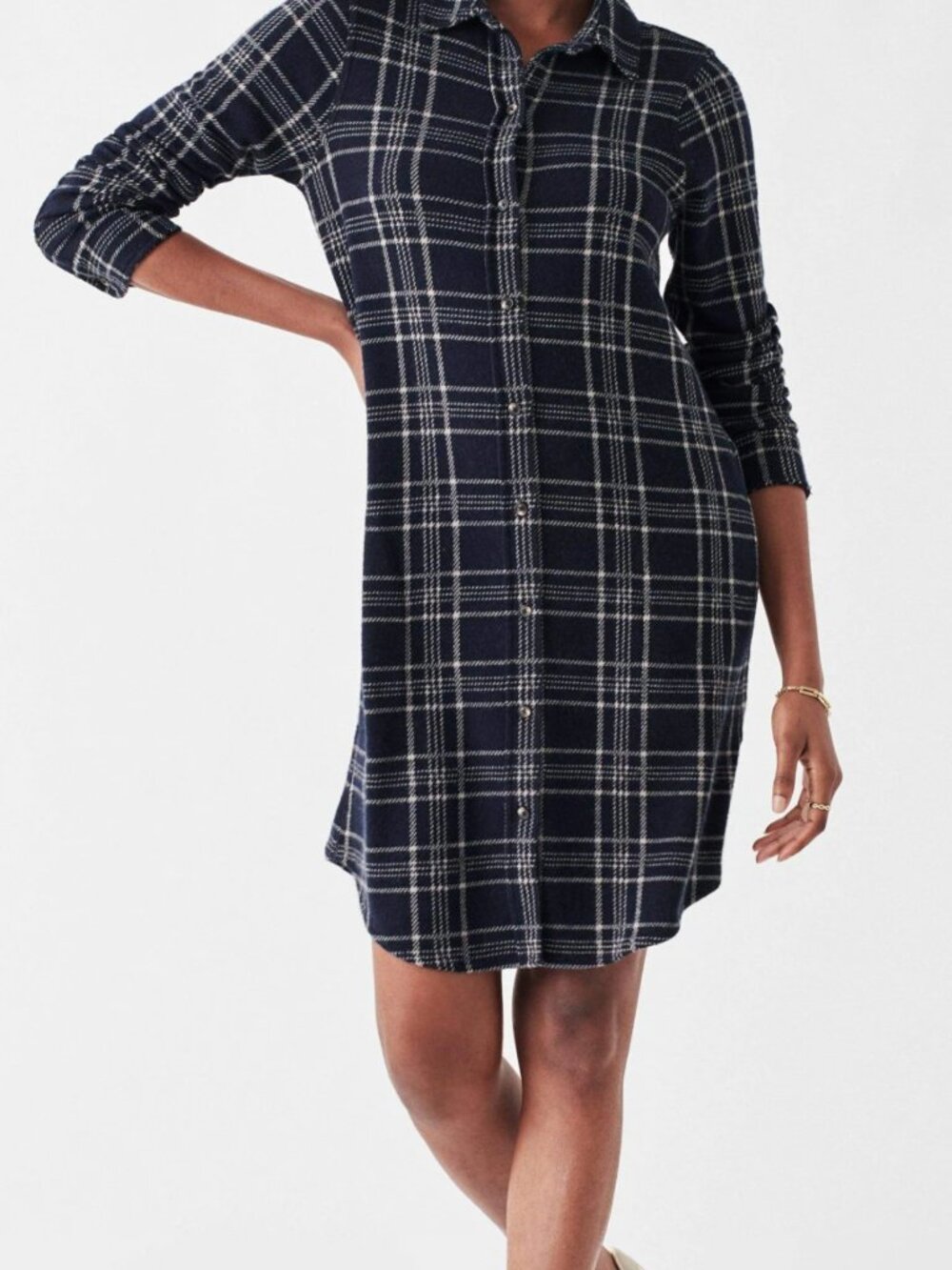 Faherty Legend Sweater Dress Plaid Button Front Long Sleeve Collared Blue XS
